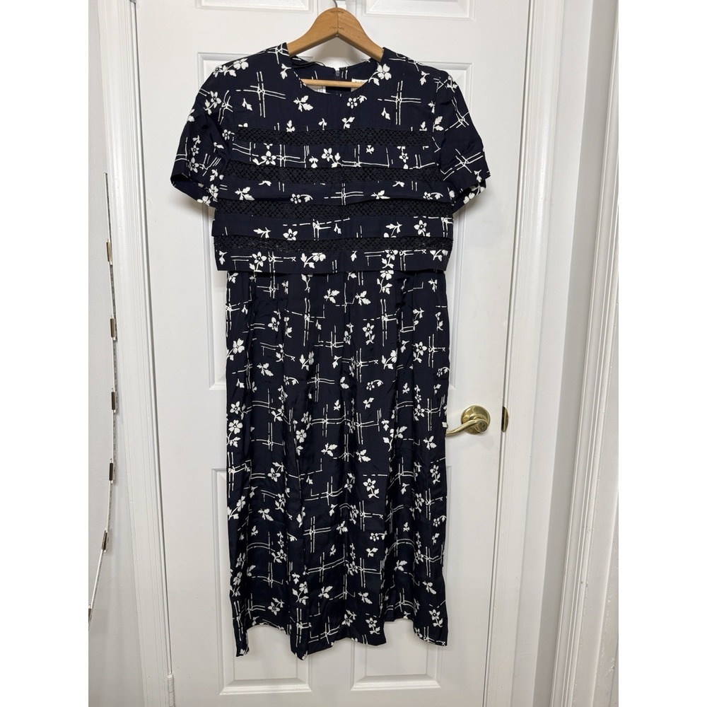 Vintage Karin Stevens, Women 10,Navy Blue Floral Short Sleeve Dress, Rayon